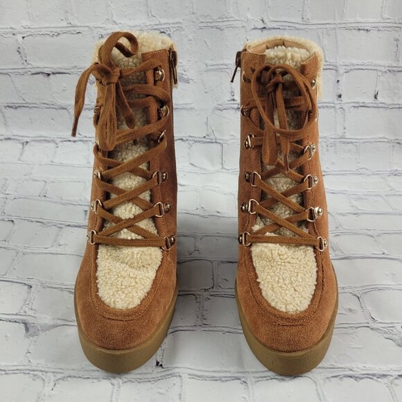 NEW Jessica Simpson Maelyn Wedge Bootie Brown Caramel Combo Leather Suede Sherpa - Picture 5 of 11